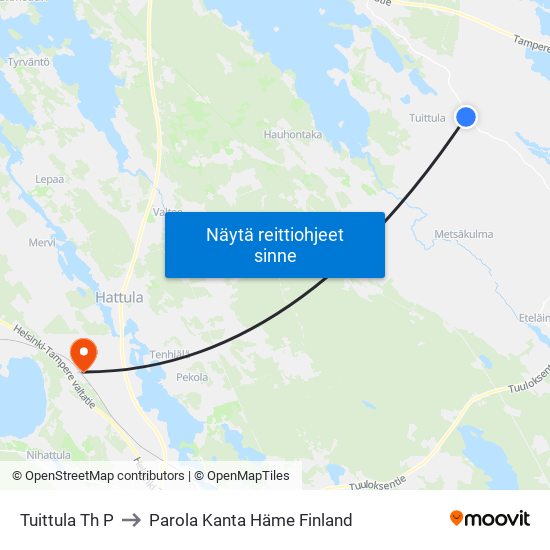 Tuittula Th P to Parola Kanta Häme Finland map