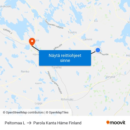 Peltomaa L to Parola Kanta Häme Finland map