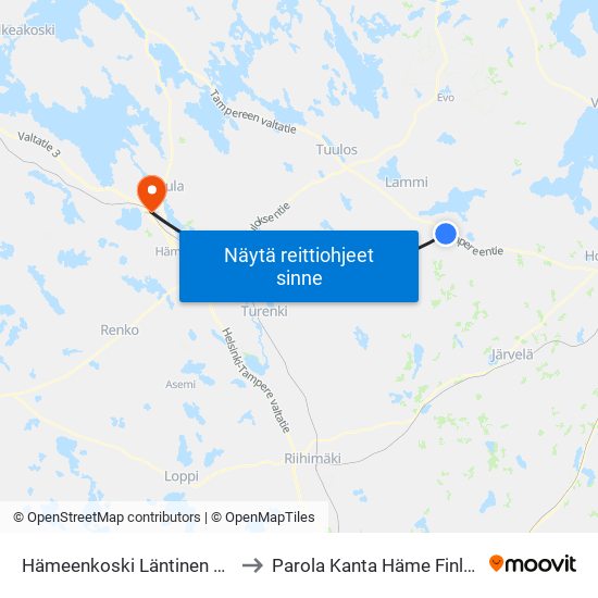 Hämeenkoski Läntinen Th L to Parola Kanta Häme Finland map