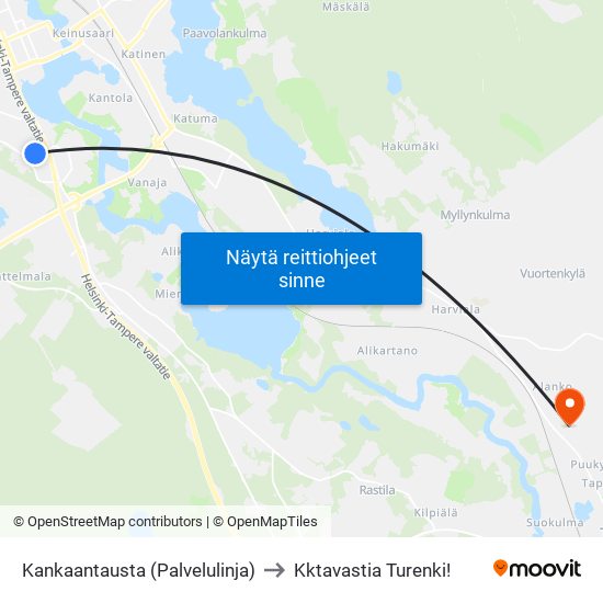 Kankaantausta (Palvelulinja) to Kktavastia Turenki! map