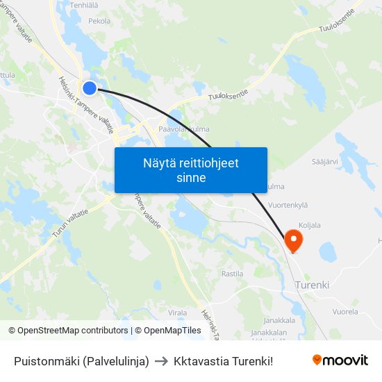 Puistonmäki (Palvelulinja) to Kktavastia Turenki! map