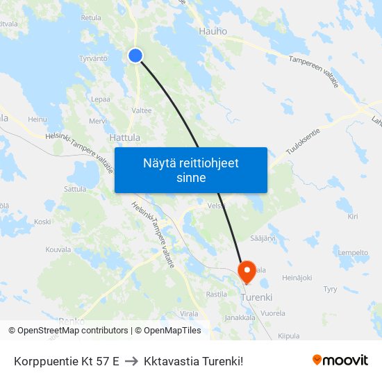 Korppuentie Kt 57 E to Kktavastia Turenki! map