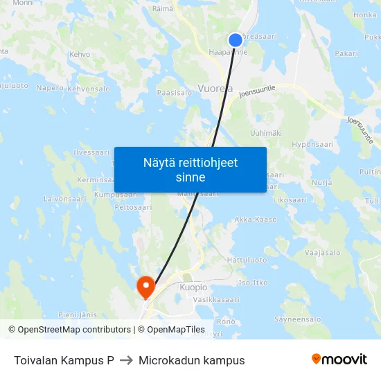 Toivalan Kampus P to Microkadun kampus map