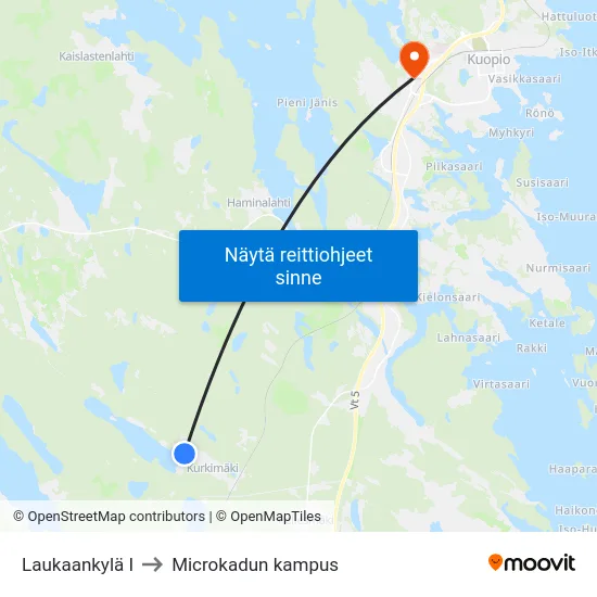 Laukaankylä I to Microkadun kampus map