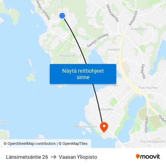 Länsimetsäntie 26 to Vaasan Yliopisto map