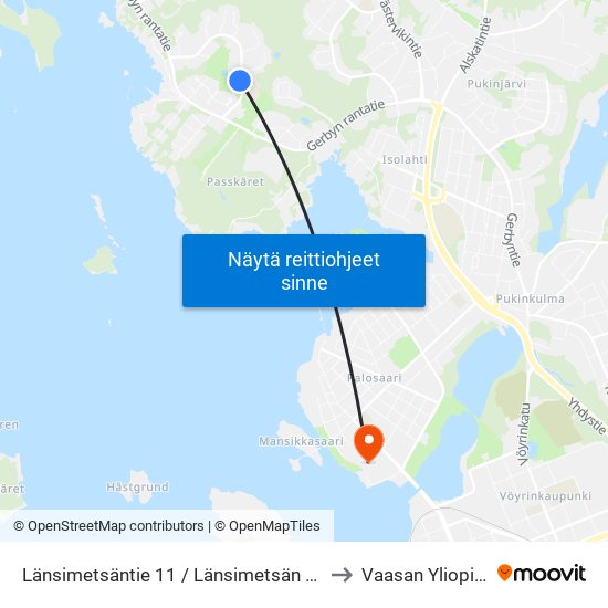 Länsimetsäntie 11 / Länsimetsän Koulu to Vaasan Yliopisto map