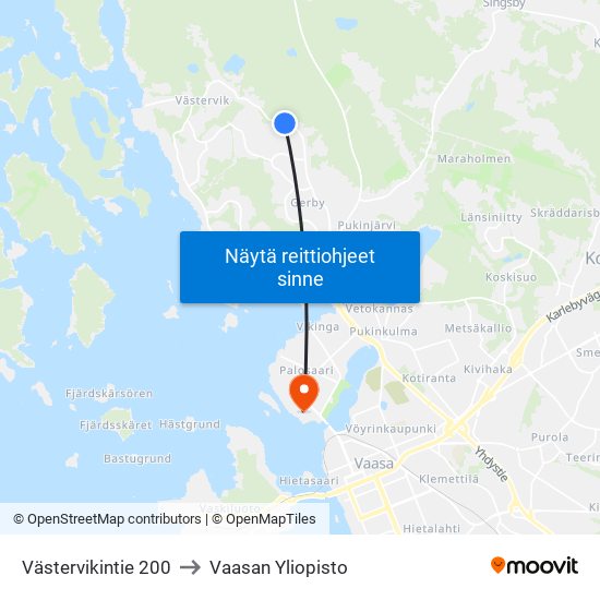 Västervikintie 200 to Vaasan Yliopisto map