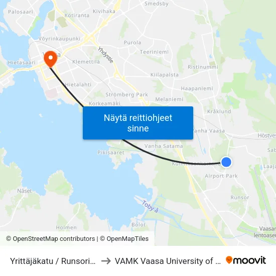 Yrittäjäkatu / Runsorin Puistokatu B to VAMK Vaasa University of Applied Sciences map