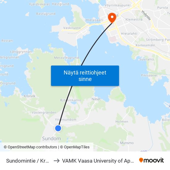 Sundomintie / Kronvikintie to VAMK Vaasa University of Applied Sciences map