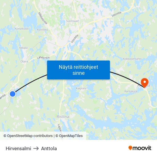 Hirvensalmi to Anttola map