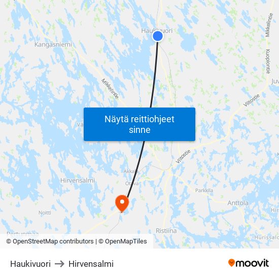 Haukivuori to Hirvensalmi map