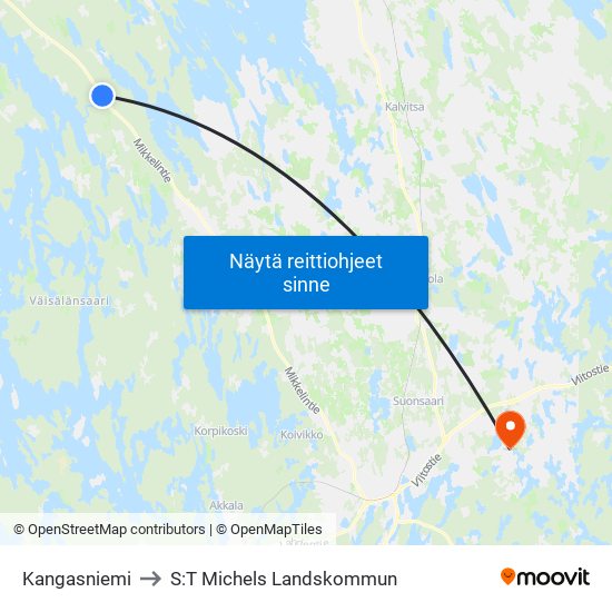 Kangasniemi to S:T Michels Landskommun map