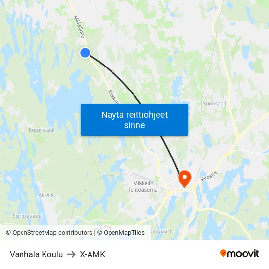 Vanhala Koulu to X-AMK map