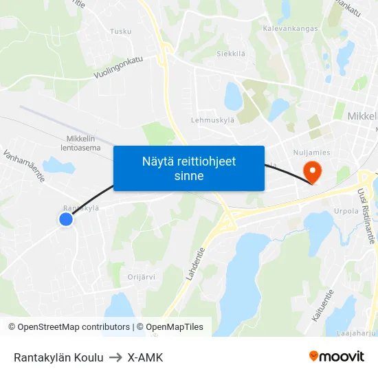Rantakylän Koulu to X-AMK map