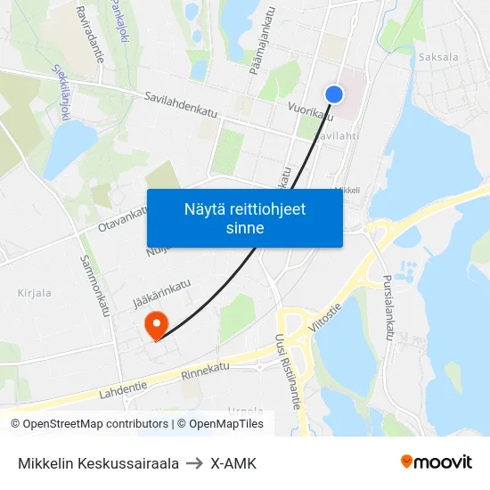Mikkelin Keskussairaala to X-AMK map