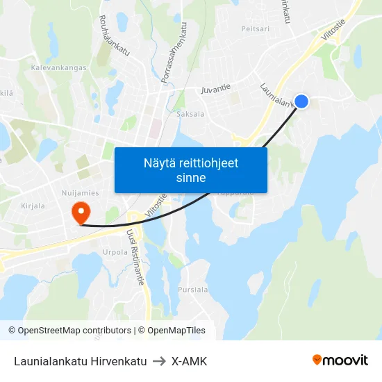 Launialankatu Hirvenkatu to X-AMK map