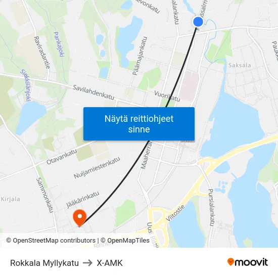 Rokkala Myllykatu to X-AMK map