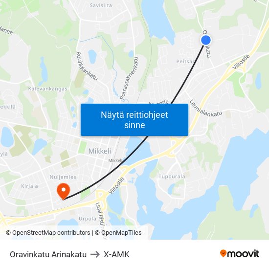 Oravinkatu Arinakatu to X-AMK map
