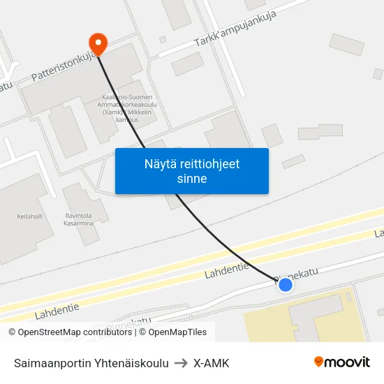 Saimaanportin Yhtenäiskoulu to X-AMK map