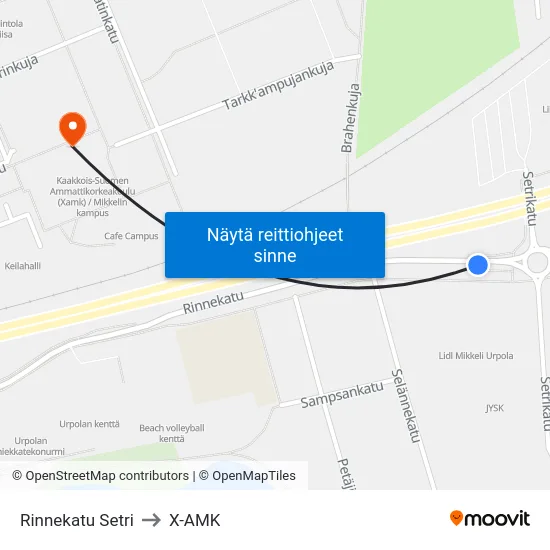 Rinnekatu Setri to X-AMK map
