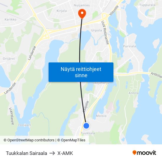 Tuukkalan Sairaala to X-AMK map