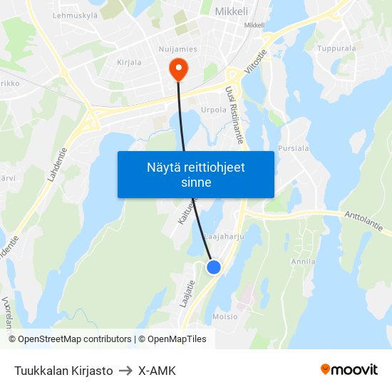Tuukkalan Kirjasto to X-AMK map