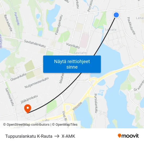 Tuppuralankatu K-Rauta to X-AMK map