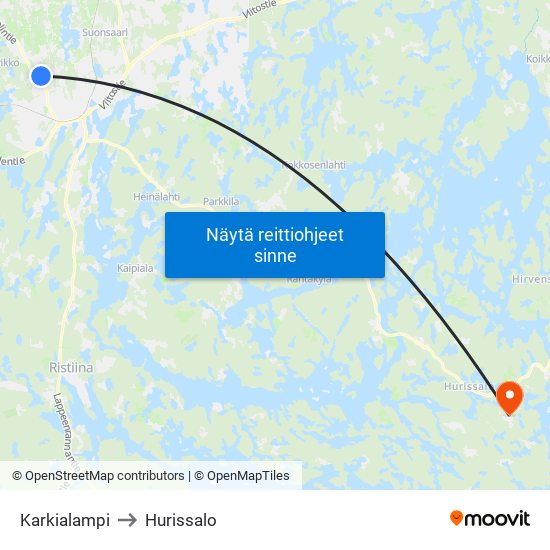 Karkialampi to Hurissalo map