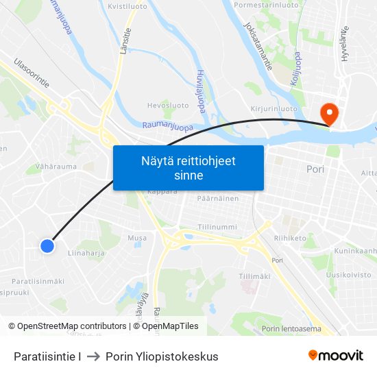 Paratiisintie I to Porin Yliopistokeskus map