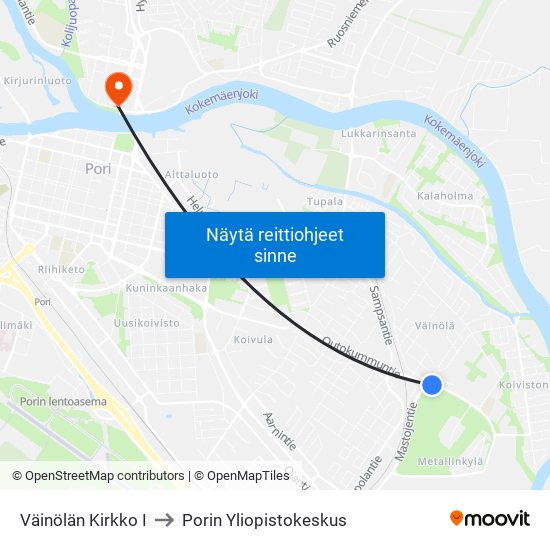 Väinölän Kirkko I to Porin Yliopistokeskus map