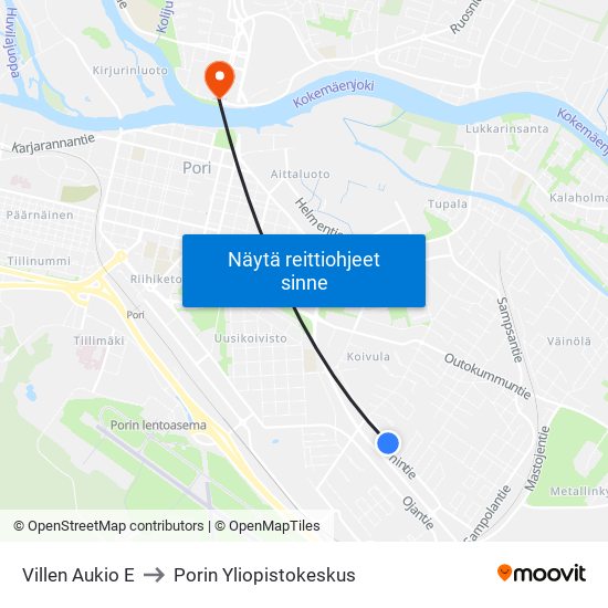 Villen Aukio E to Porin Yliopistokeskus map