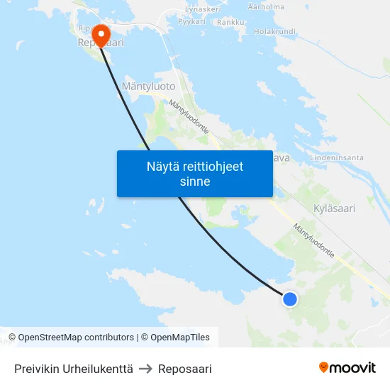 Preivikin Urheilukenttä to Reposaari map