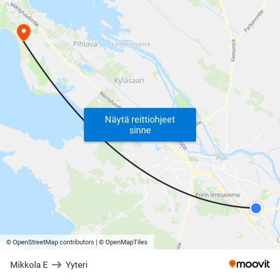 Mikkola E to Yyteri map