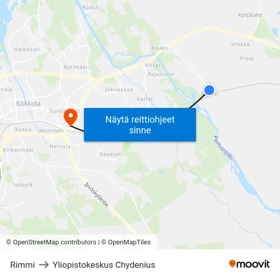 Rimmi to Yliopistokeskus Chydenius map