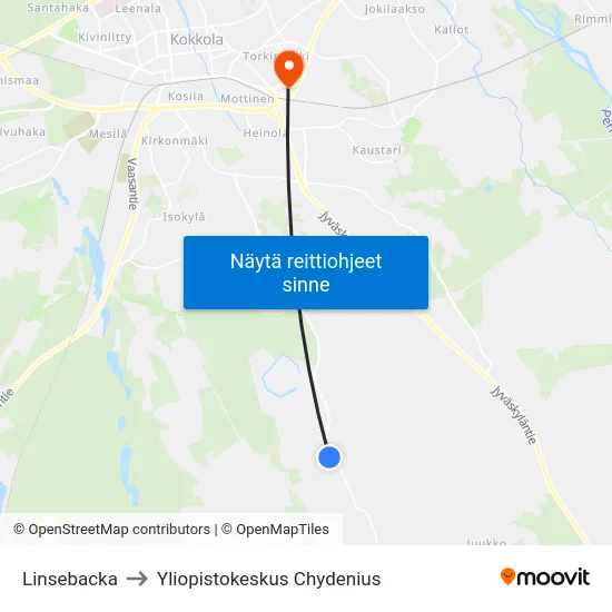 Linsebacka to Yliopistokeskus Chydenius map