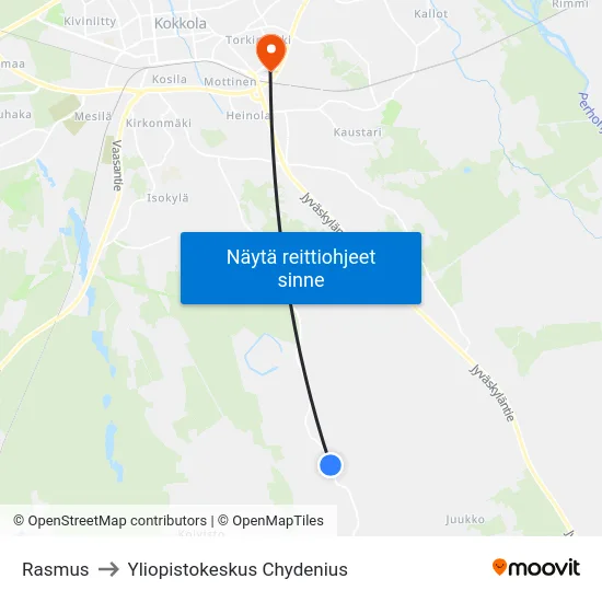 Rasmus to Yliopistokeskus Chydenius map