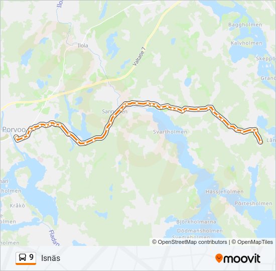 9 Reitti: Aikataulut, pysäkit ja kartat – Isnäs (päivitetty)