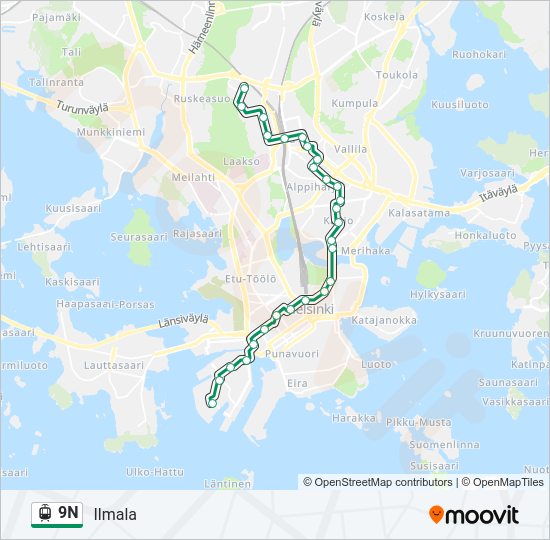 9N raitiovaunu -linjakartta