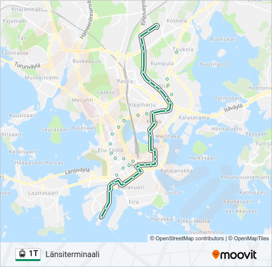 1T raitiovaunu -linjakartta