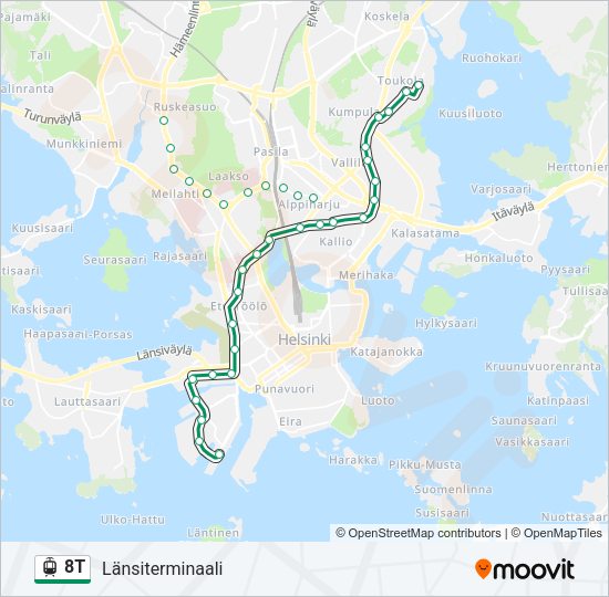 8T raitiovaunu -linjakartta