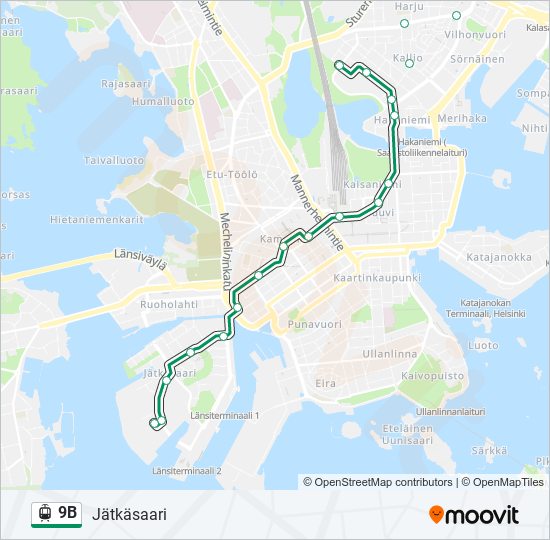 9B raitiovaunu -linjakartta