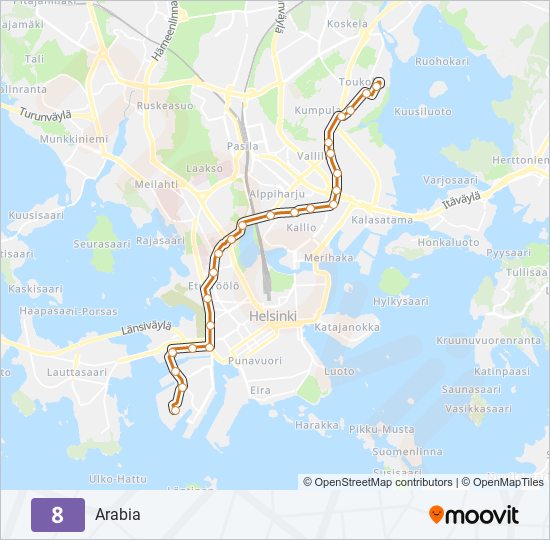 8 raitiovaunu -linjakartta