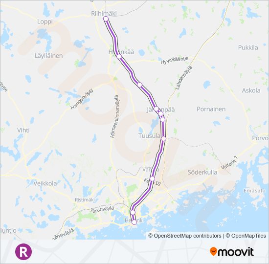 R juna -linjakartta