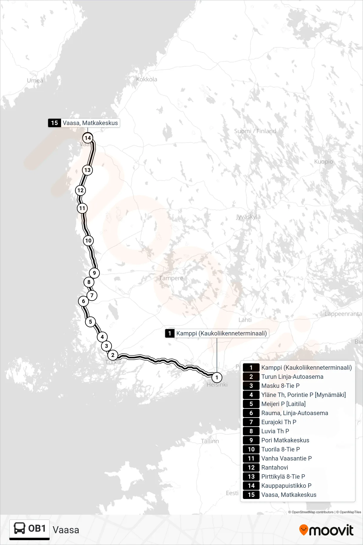 OB1 bus Line (Vaasa) route and stops on a map