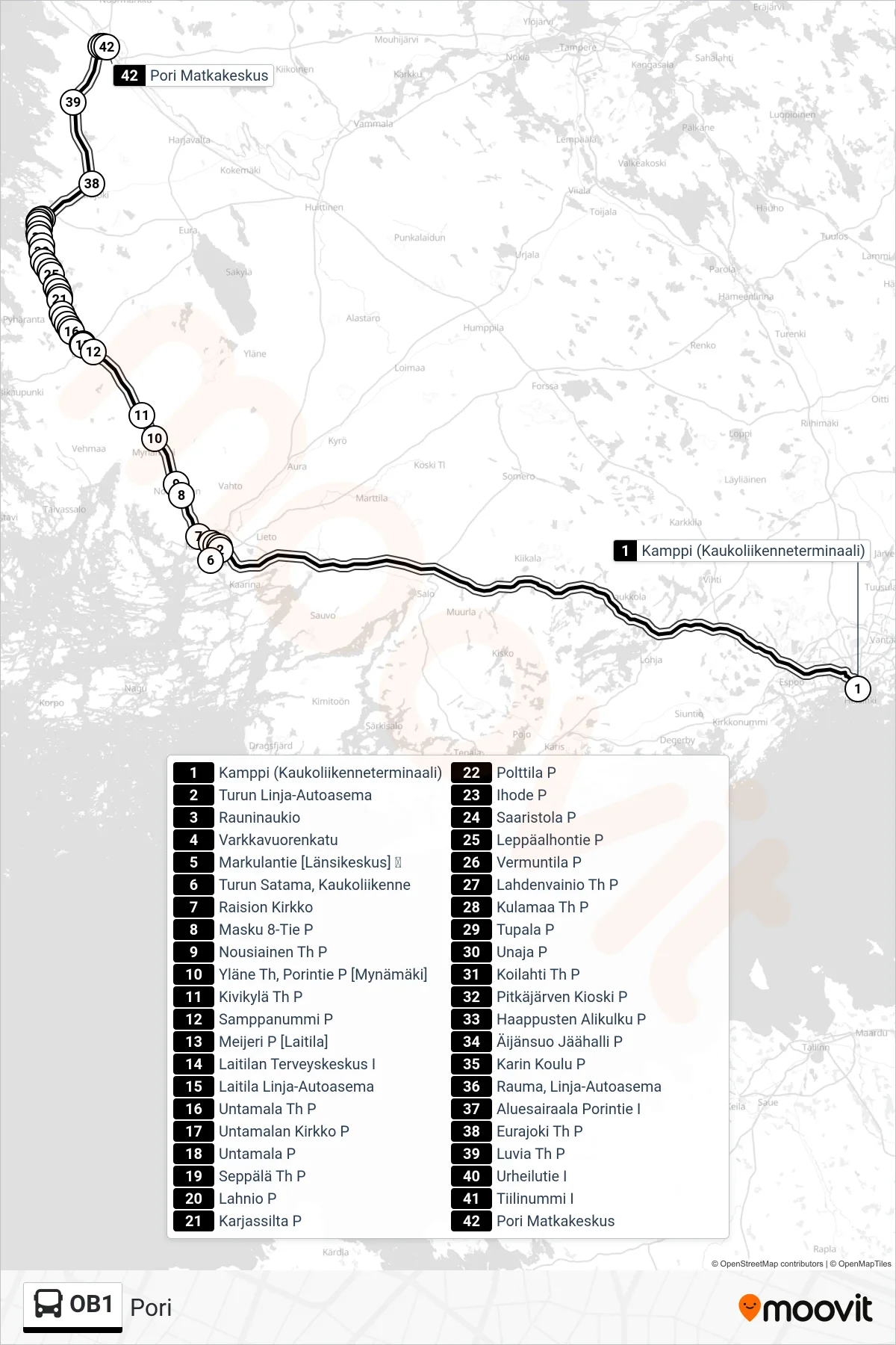 Linjan OB1 reitti ja pysäkit kartalla bussi , Pori