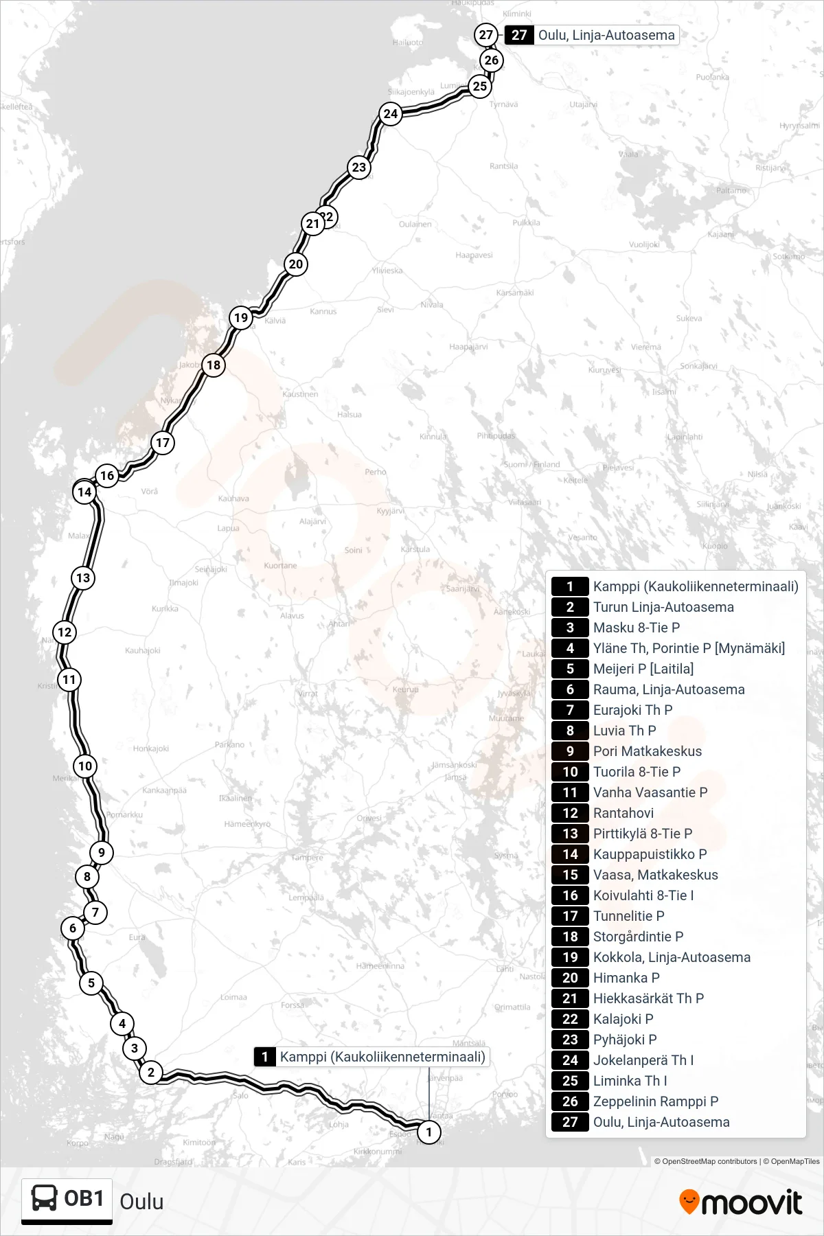 Linjan  OB1 reitti ja pysäkit kartalla bussi , Oulu