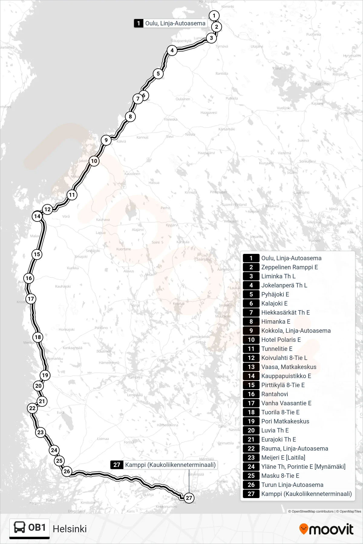 Linjan OB1 reitti ja pysäkit kartalla bussi , Helsinki
