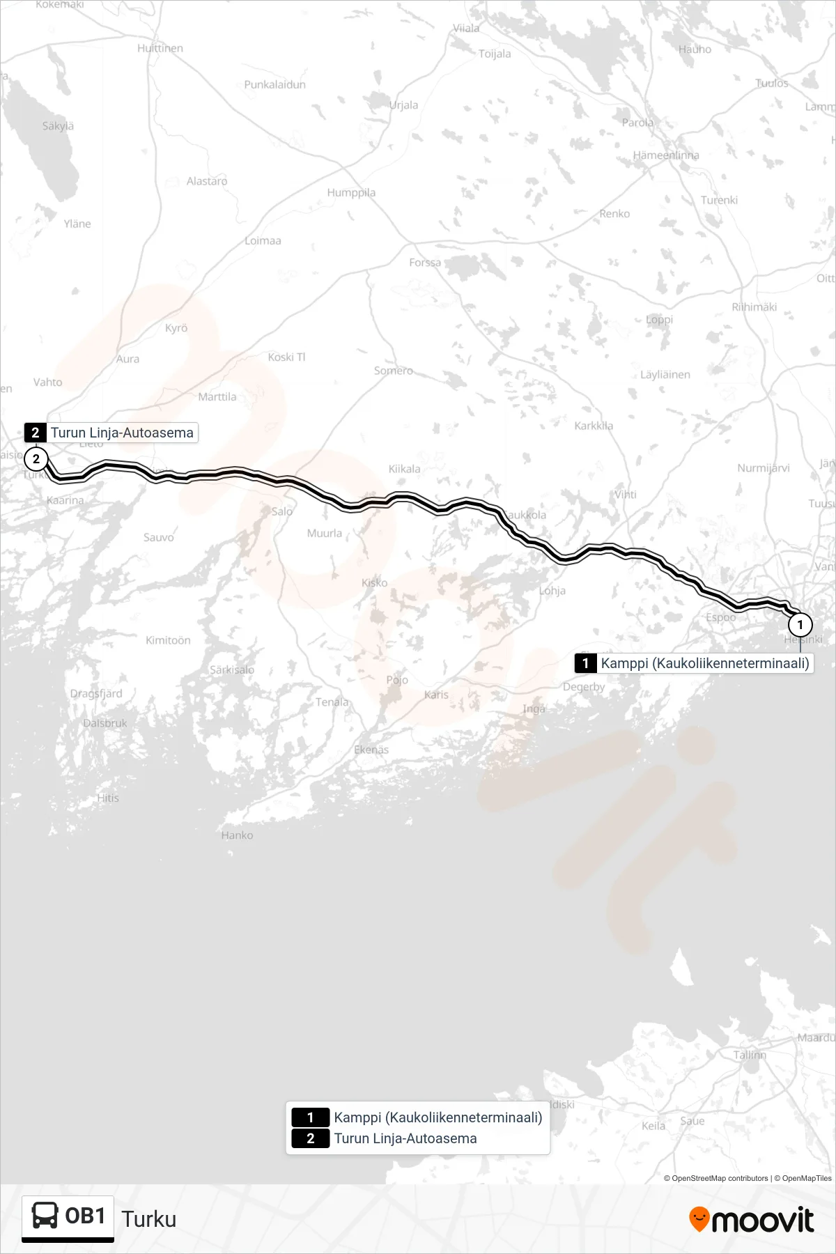 Linjan OB1 reitti ja pysäkit kartalla bussi , Turku