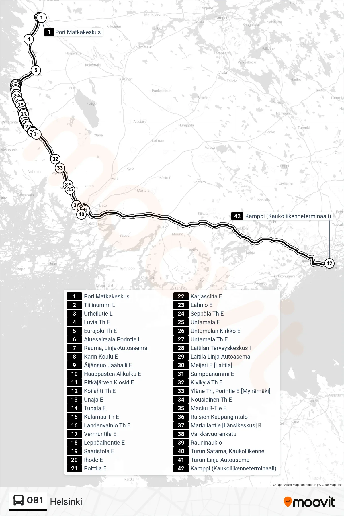 Linjan OB1 reitti ja pysäkit kartalla bussi , Helsinki