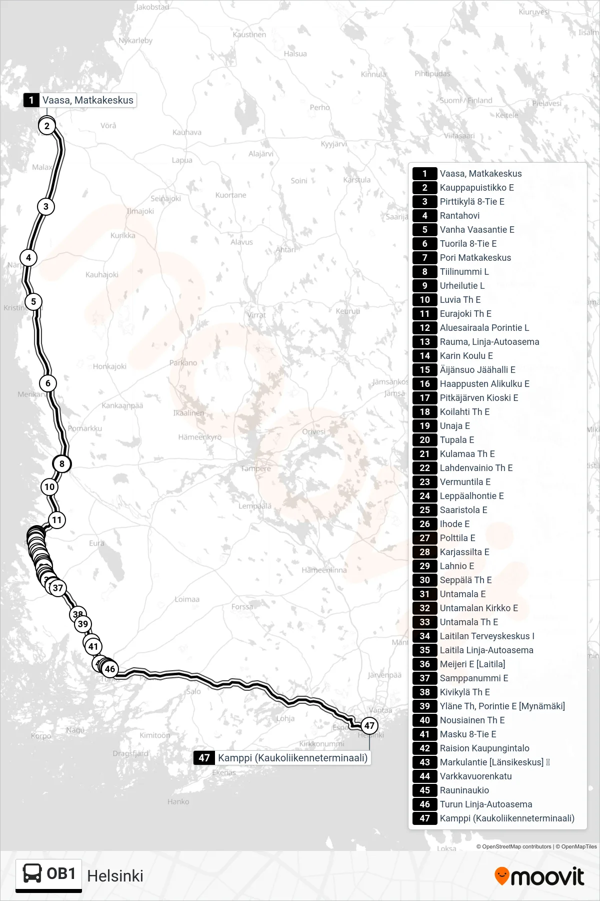 Linjan OB1 reitti ja pysäkit kartalla bussi , Helsinki